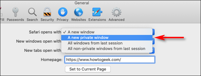 Selecione Uma nova janela privada no menu suspenso do Safari para Mac