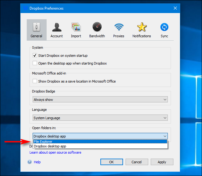 Preferências do Dropbox no Windows: selecione Abrir pastas em 
