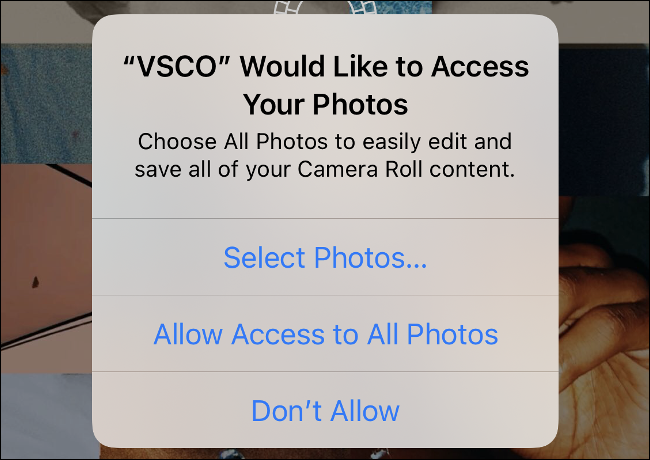 O prompt de permissão de fotos no iOS 14.