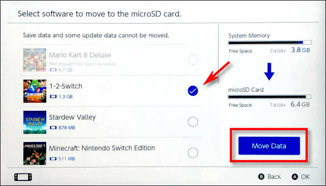 Selecione o software para mover no Nintendo Switch