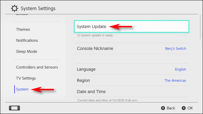 Selecione Atualização do sistema em Configurações do sistema no Nintendo Switch