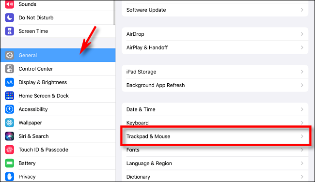 Selecione Trackpad e Mouse em Ajustes no iPad