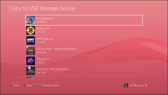 O menu "Copiar para dispositivo de armazenamento USB" no PS4.