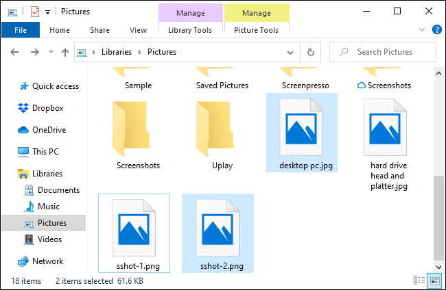 Seleção de vários arquivos com o teclado no File Explorer.