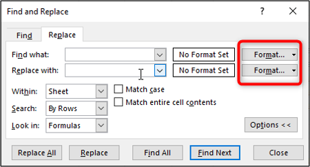 Defina a formatação para localizar e substituir