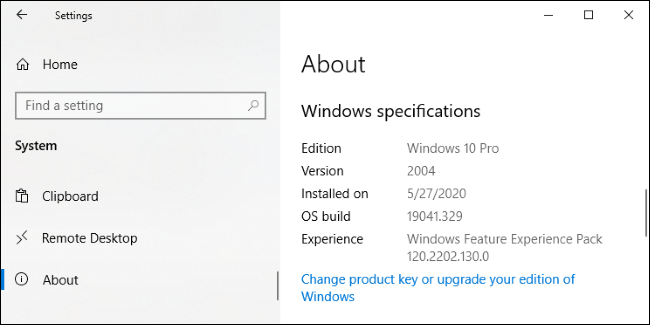 Tela Configurações> Sistema> Sobre do Windows 10.