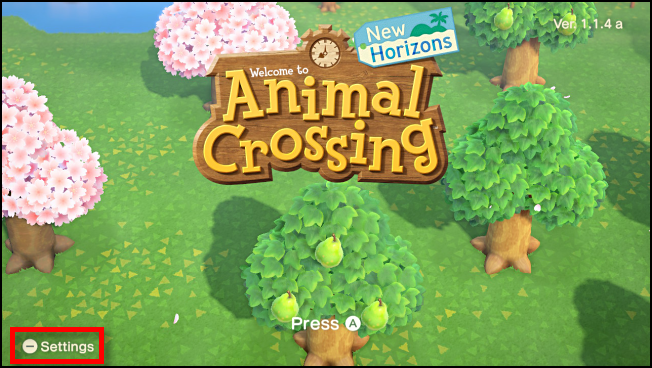 Opções de lançamento na tela de título em Animal Crossing: New Horizons