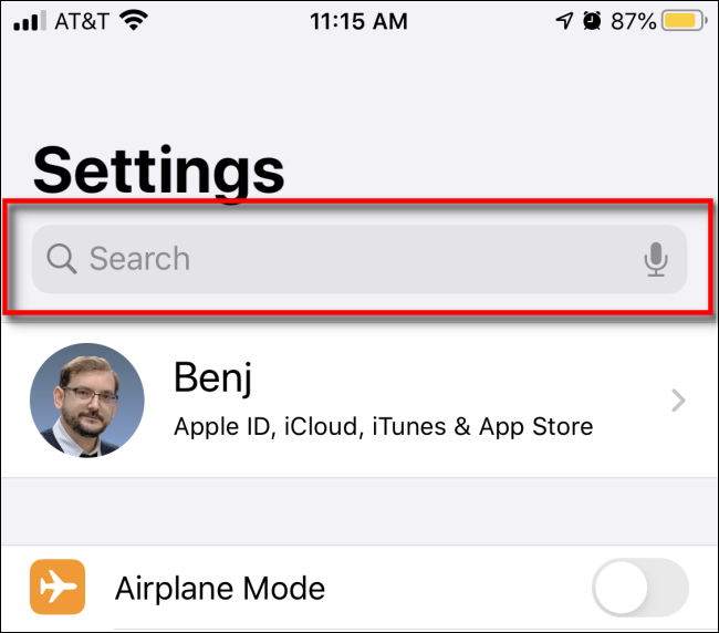 Pesquisando nas configurações do iOS e iPadOS