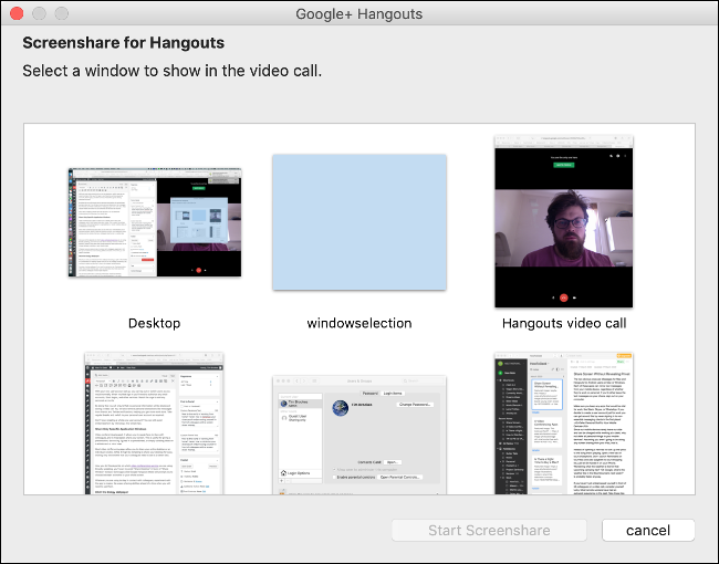 Especifique qual janela compartilhar no Google Hangouts