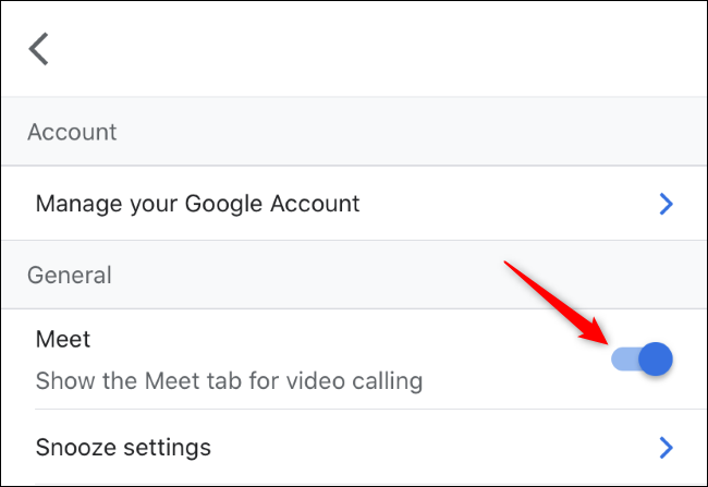 Alternando a guia Meet para chamadas de vídeo no Gmail no iPhone.