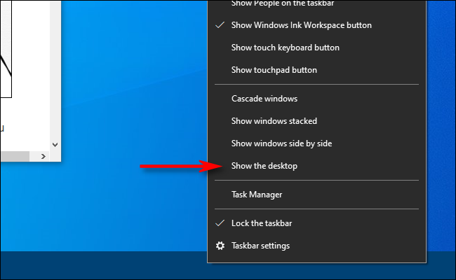 Clique com o botão direito na barra de tarefas do Windows 10 e selecione Mostrar a área de trabalho