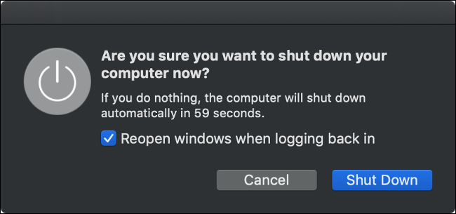 Caixa de diálogo de desligamento do macOS