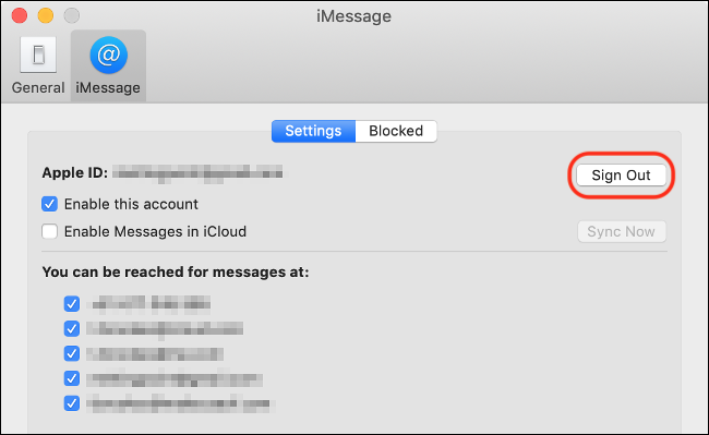 Clique em “Sair” no menu iMessage em um Mac.