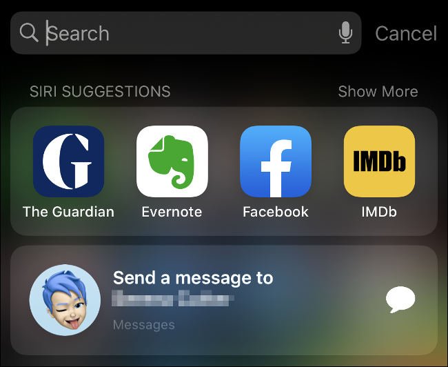 A barra de pesquisa mostrando "Sugestões da Siri" no iOS 13.