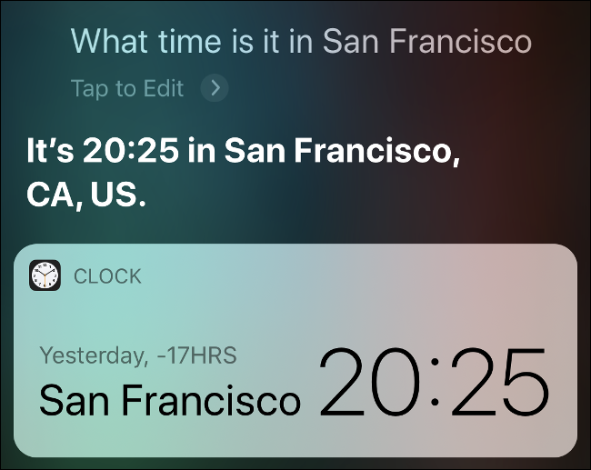 Resultados da Siri mostrando que horas são em San Francisco.