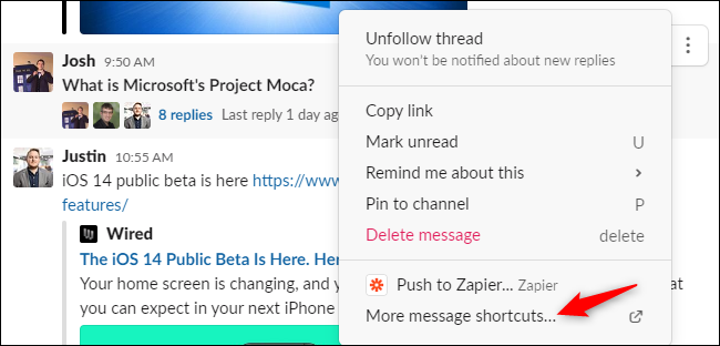 A opção "Mais atalhos de mensagem" no menu de contexto de mensagem do Slack.