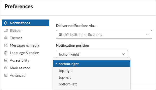 Opções de posição de notificação do Slack no Windows 10.