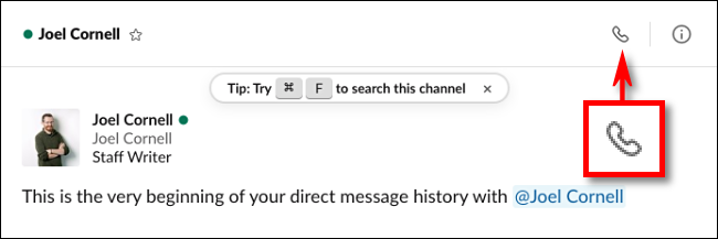 Clique no ícone de chamada no Slack para fazer uma videochamada