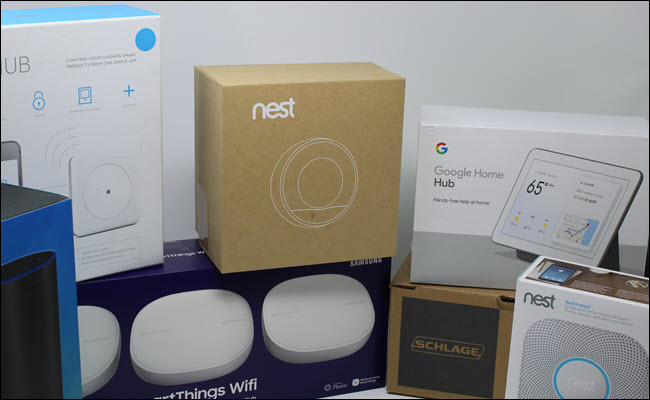 Um Echo, Wink Hub, Google Nest, Smarthings Hub, Nest Hub, Schalge Lock e Nest proteger.