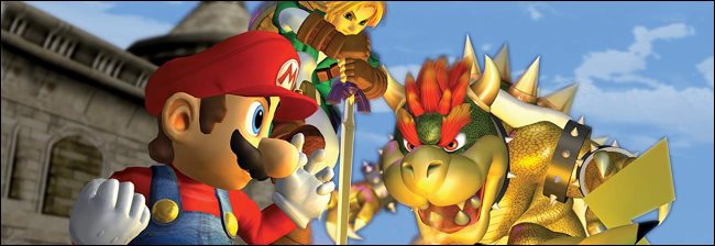 A arte da caixa oficial do jogo GameCube "Super Smash Bros. Melee", com Mario e Bowser.