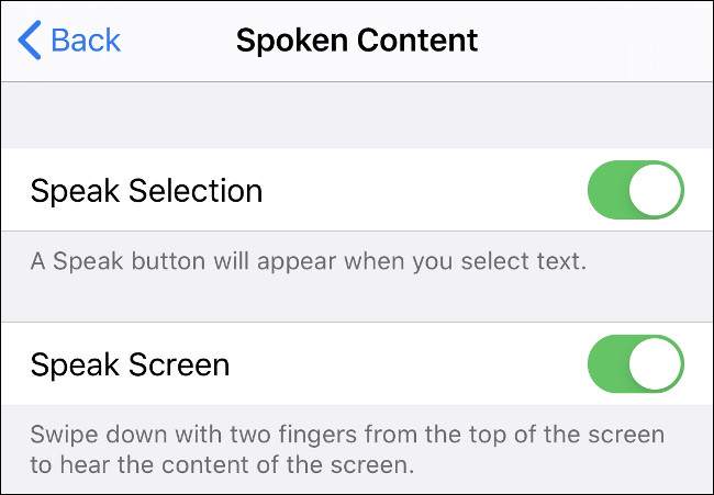 O menu "Conteúdo falado" no iOS.