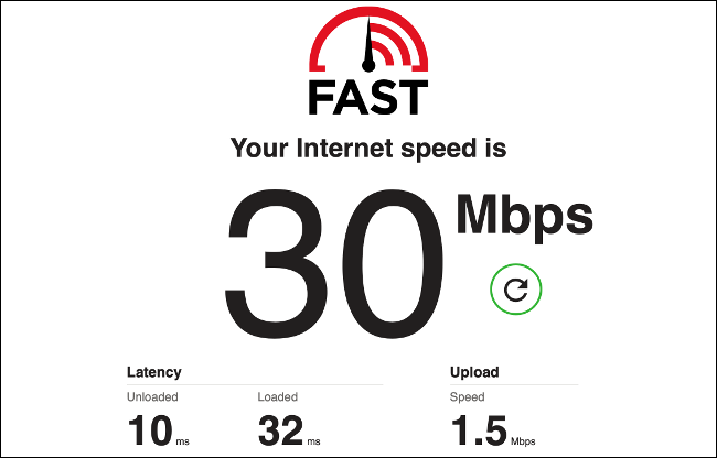 Os resultados de um teste de velocidade da Internet em Fast.com.