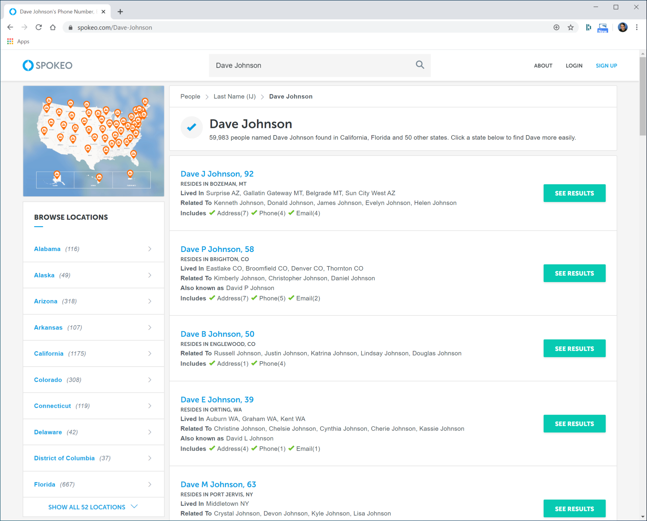 O site do corretor de dados Spokeo mostrando os resultados da pesquisa por "Dave Johnson".