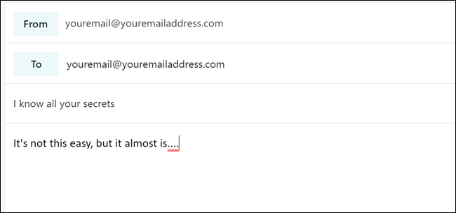 Caixa de diálogo de composição de e-mail com "youremail@youremailaddress.com" nos campos "De:" e "Para:".