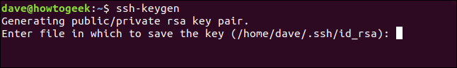 Confirmação do local de armazenamento da chave ssh em uma janela de terminal