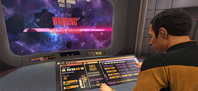 Ponte de uma nave estelar no jogo de RV Star Trek: Bridge Crew