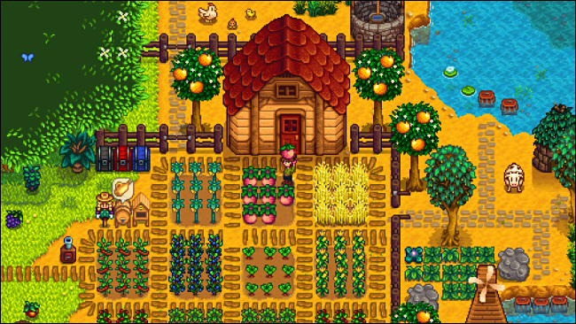 Um personagem cultivando em "Stardew Valley".