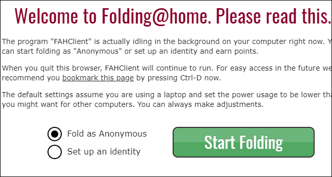 Escolha de anônimo ou identidade no Folding @ home
