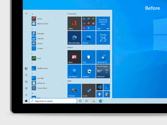 Comparando os novos fundos de ladrilhos claros do Windows 10 com os azuis mais antigos.