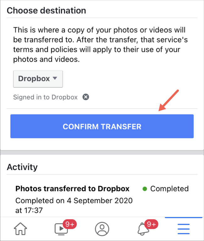Inicie a transferência de fotos e vídeos no aplicativo do Facebook