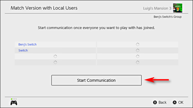 Selecione Iniciar comunicação no Nintendo Switch
