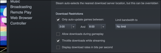 "Download Restrictions" nas configurações do Steam, agendando downloads entre horários específicos.