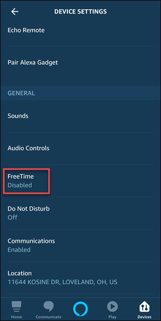 Alexa App com caixa em torno da opção "FreeTime"