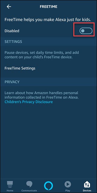 Tela Alexa App Freetime com caixa ao redor do botão desativado