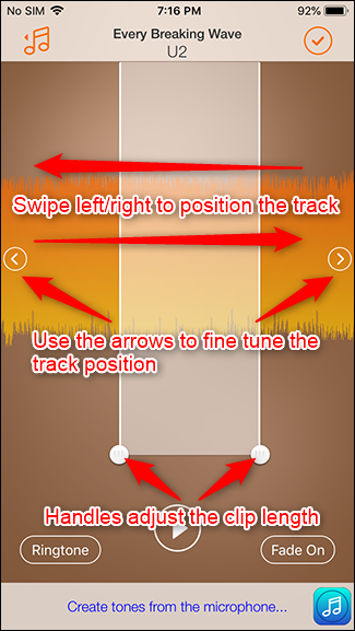 A interface controla o posicionamento da trilha e a duração do clipe.