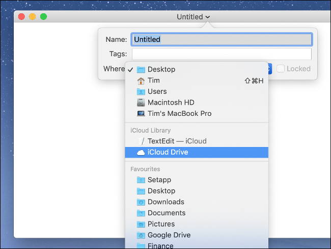 Selecione "iCloud Drive" ao salvar documentos no iCloud via macOS.