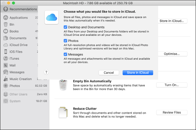 O menu "Escolha o que deseja armazenar no iCloud" no macOS.