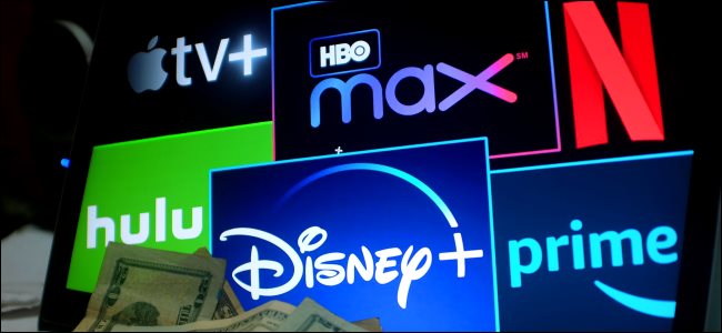 Logotipos para serviços de streaming como Apple TV +, HBO Max, Netflix, Hulu, Disney + e Prime Video.