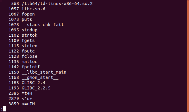 saída de strings com offsets em decimal em uma janela de terminal