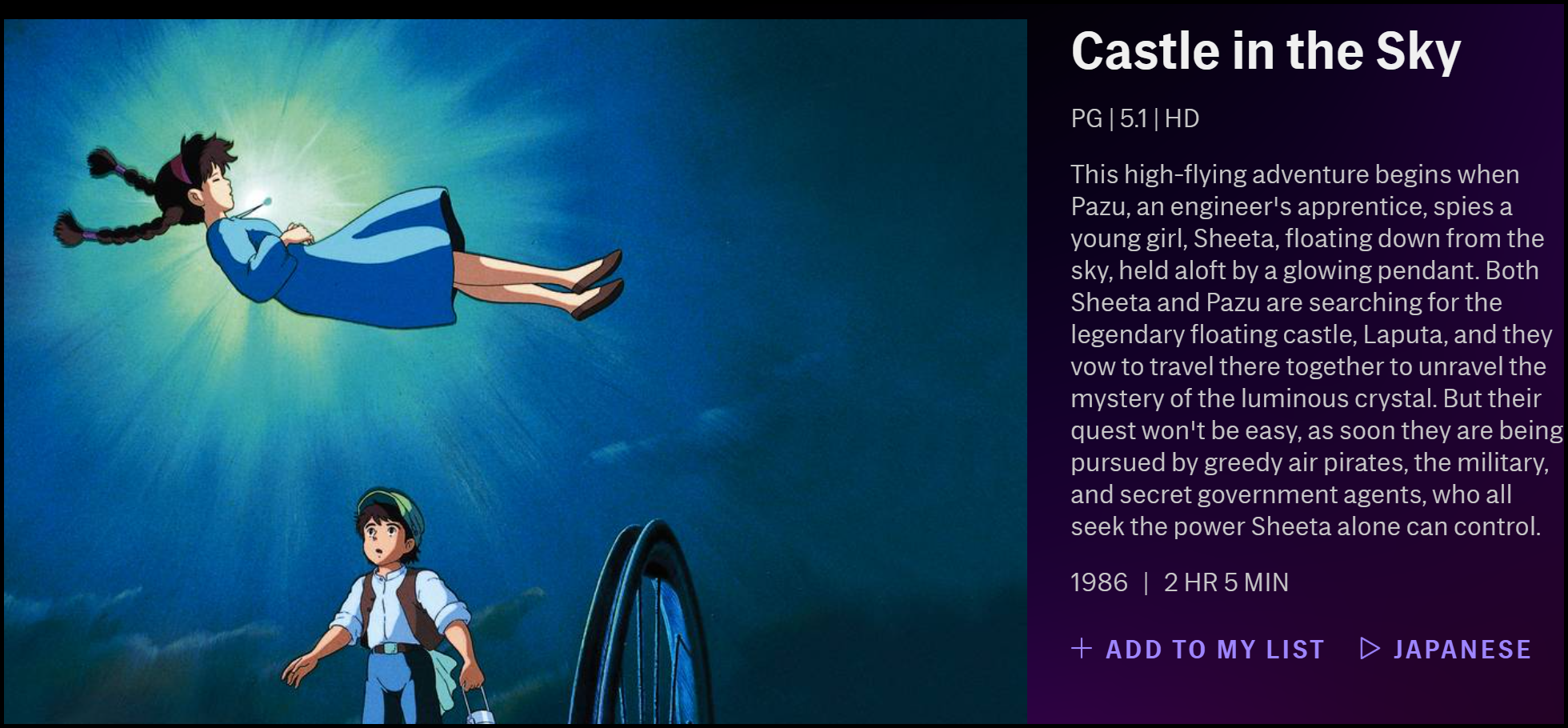 A descrição de "Castle in the Sky" na HBO Max.