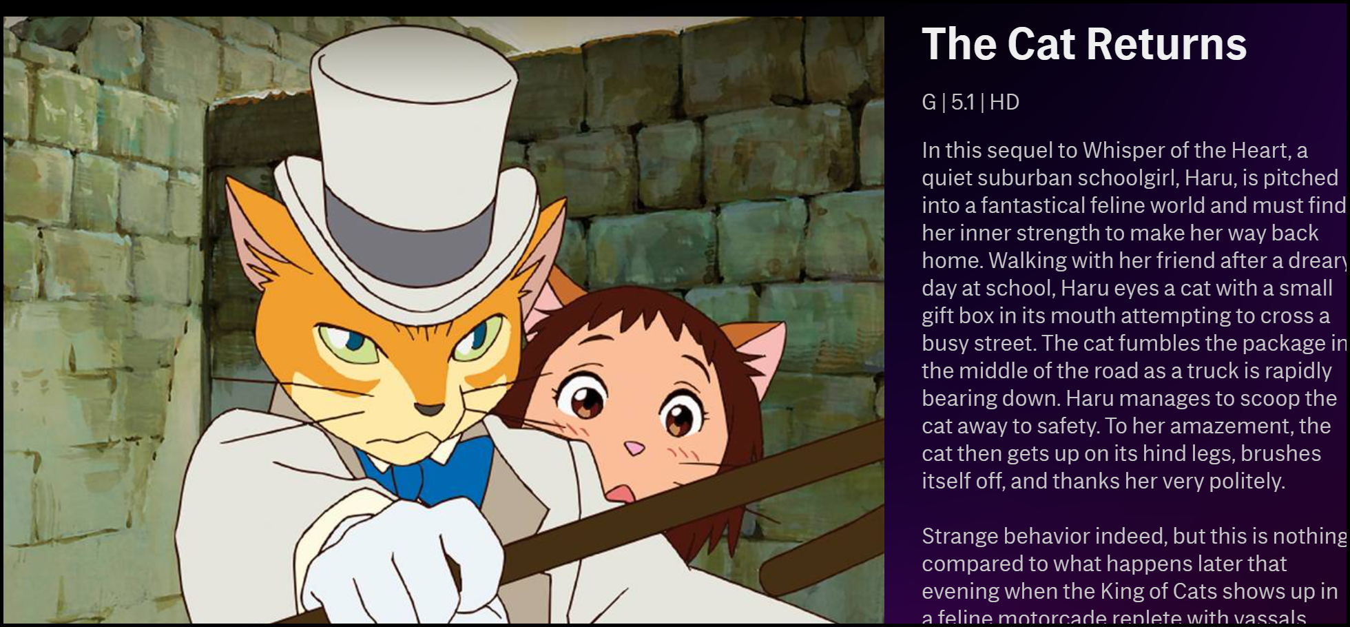 A descrição de "The Cat Returns" no HBO Max. 