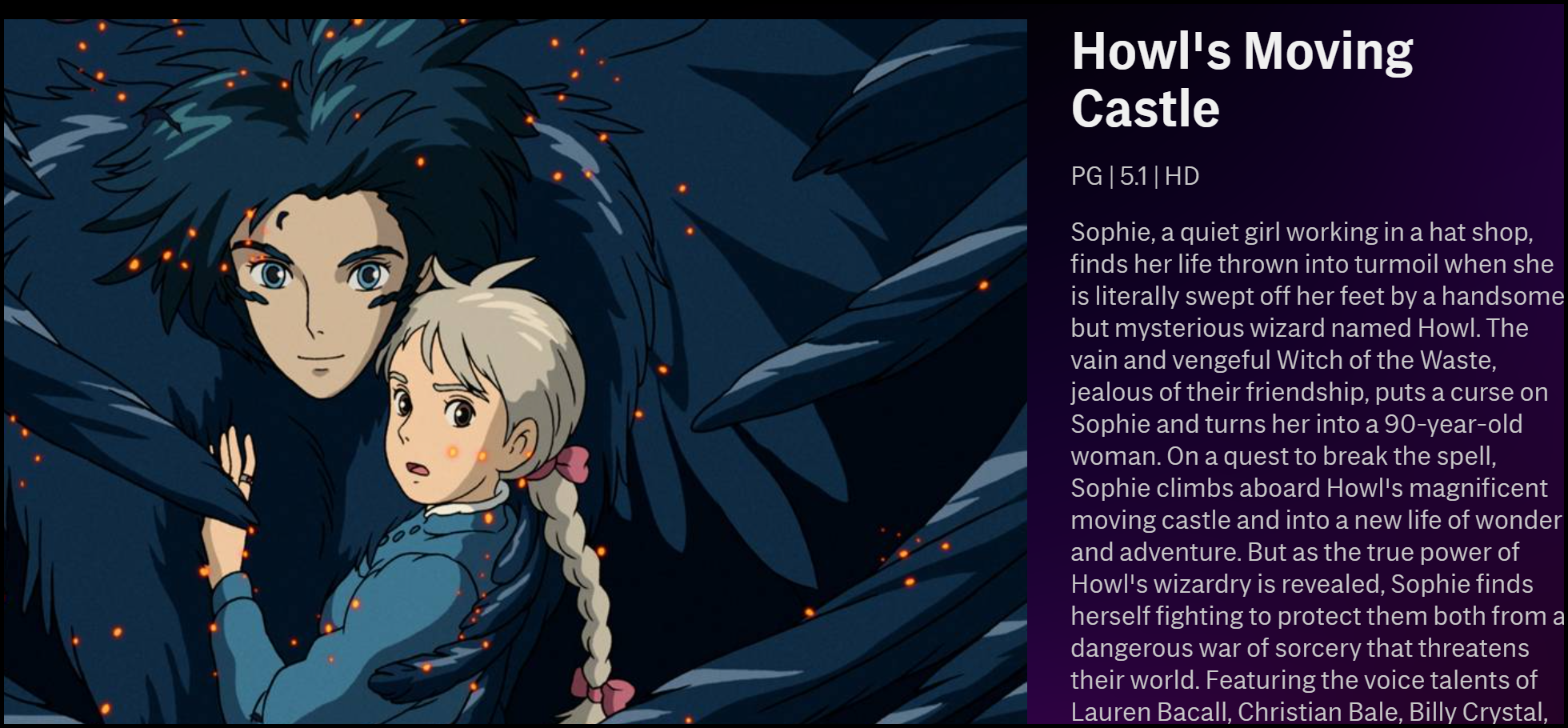 A descrição de "Howl's Moving Castle" na HBO Max.