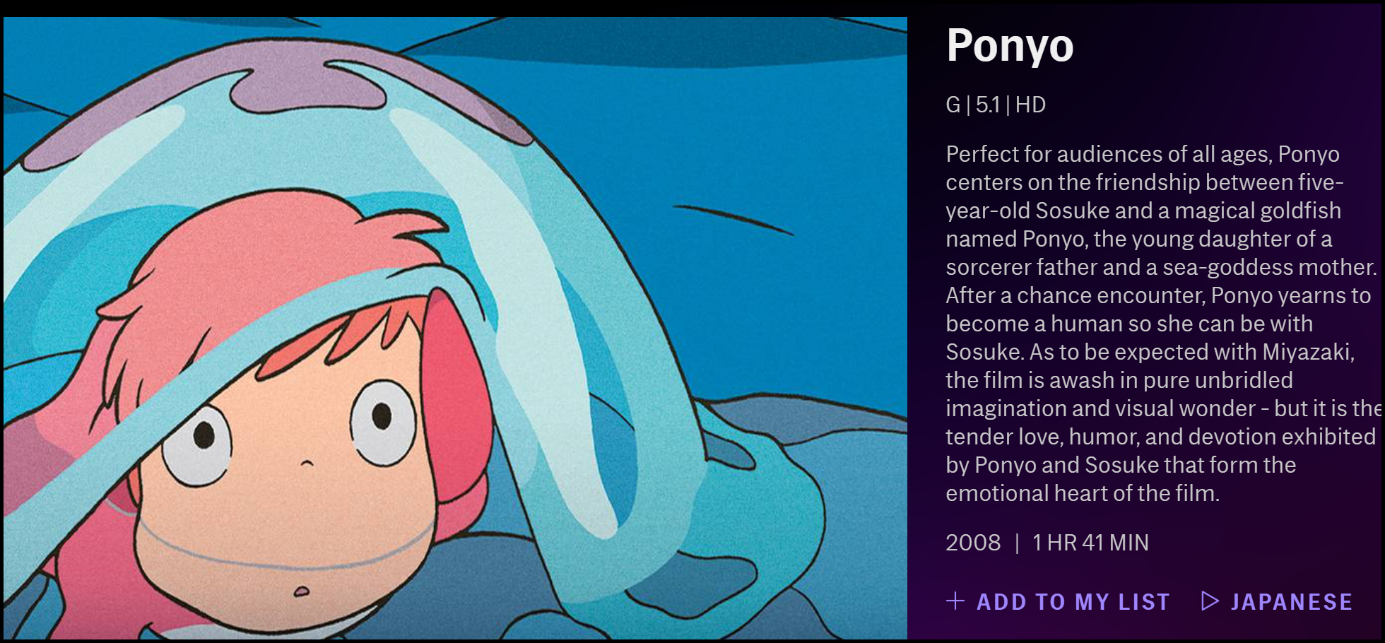 A descrição de "Ponyo" no HBO Max.