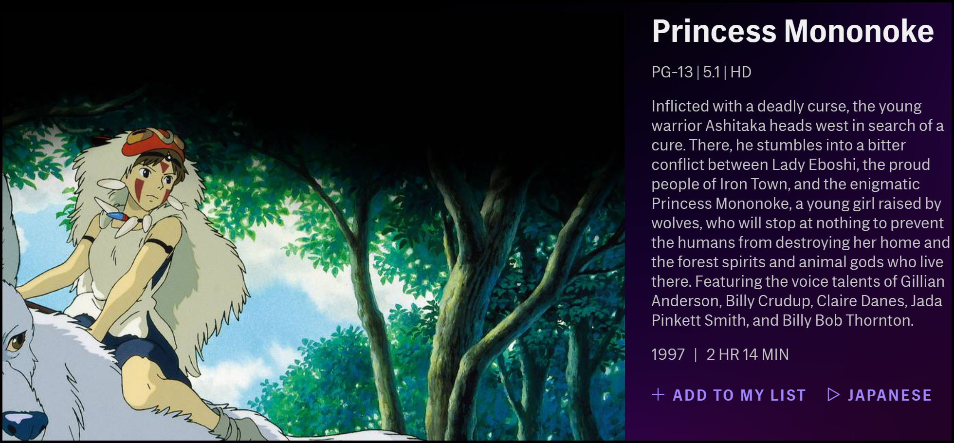 A descrição de "Princess Mononoke" no HBO Max.