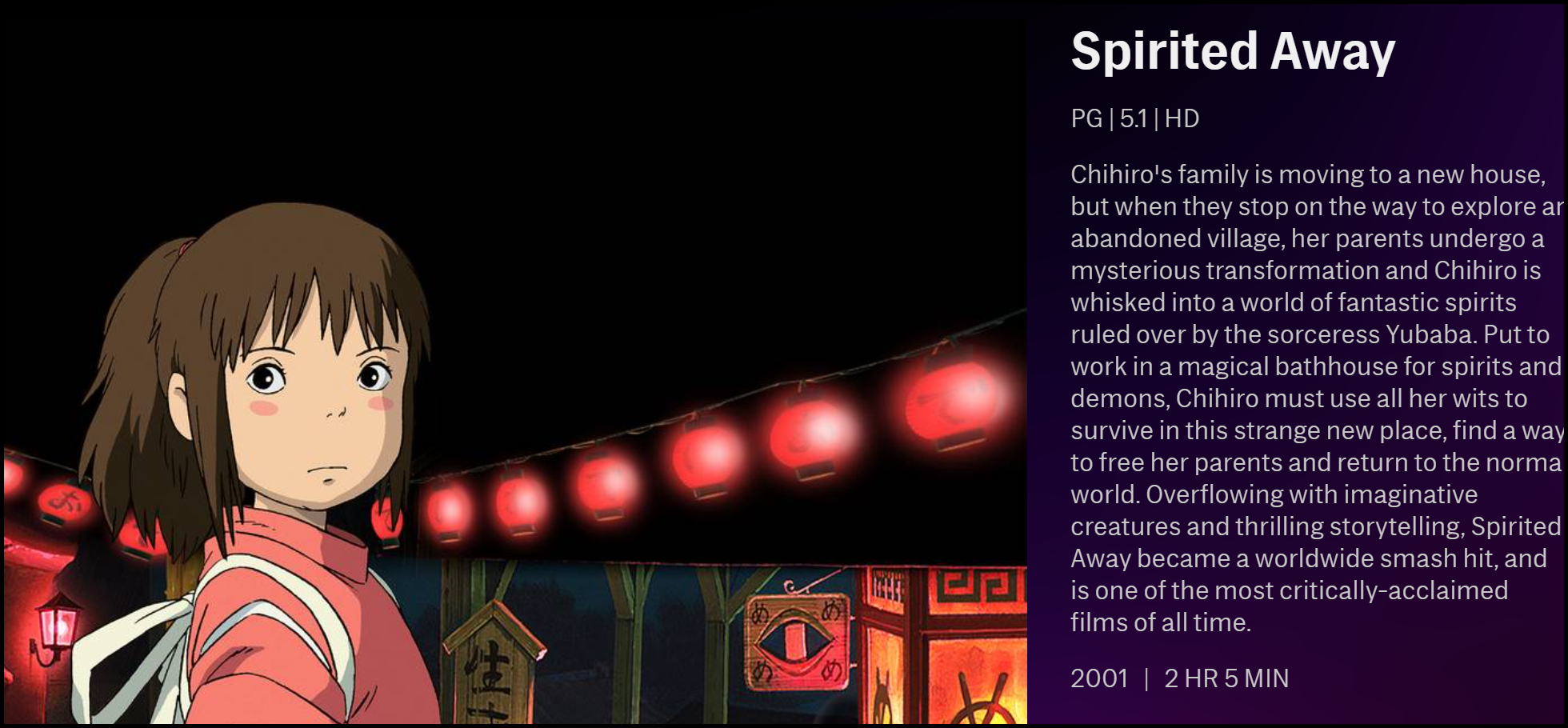 A descrição de "Spirited Away" no HBO Max.
