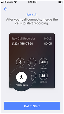 Etapa 3 do tutorial para gravar uma chamada de saída no aplicativo Rev.  Toque no botão "Ok! Iniciar".